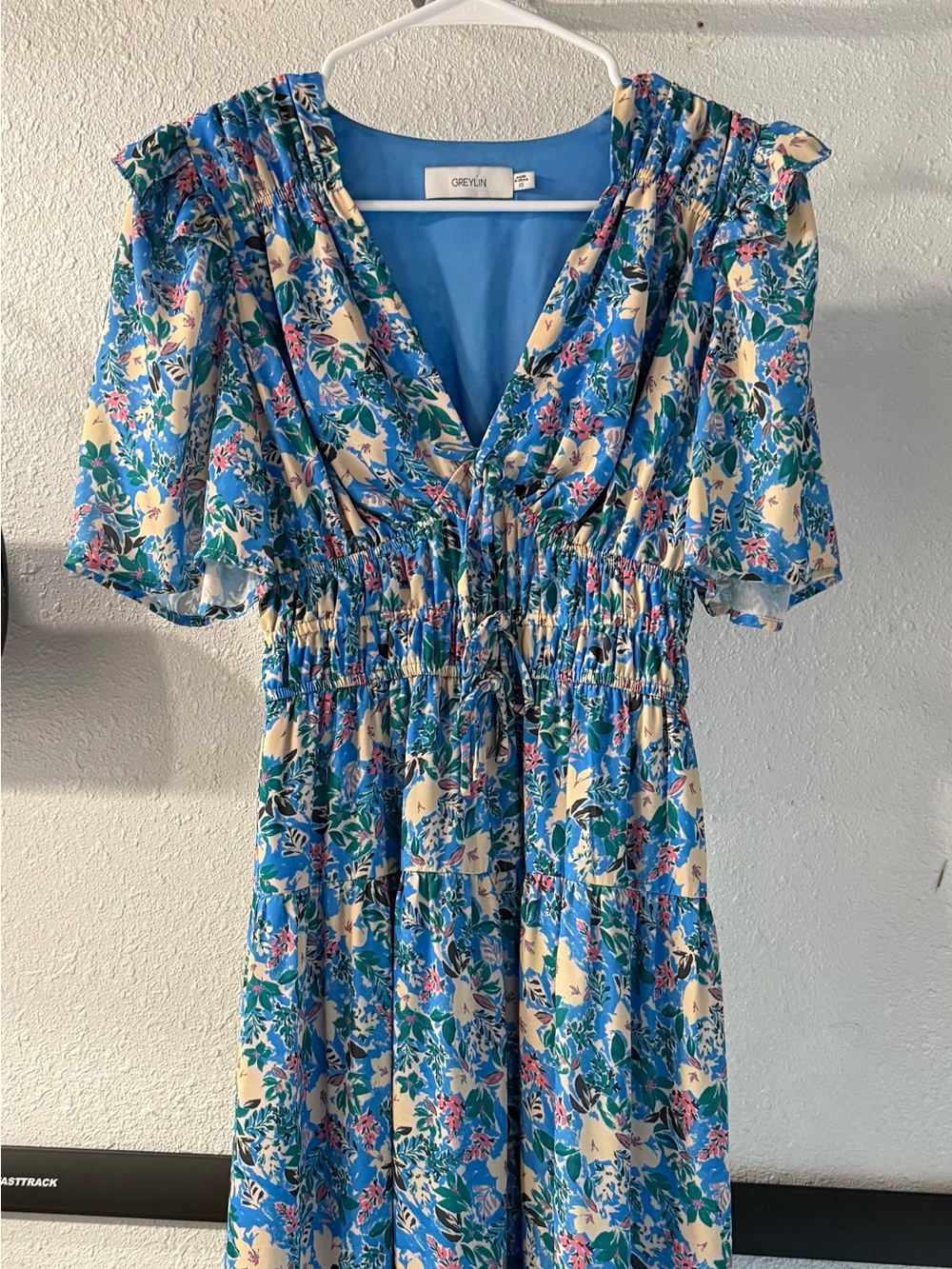 Greylin Blue Floral Midi Dress with Smocked Waist